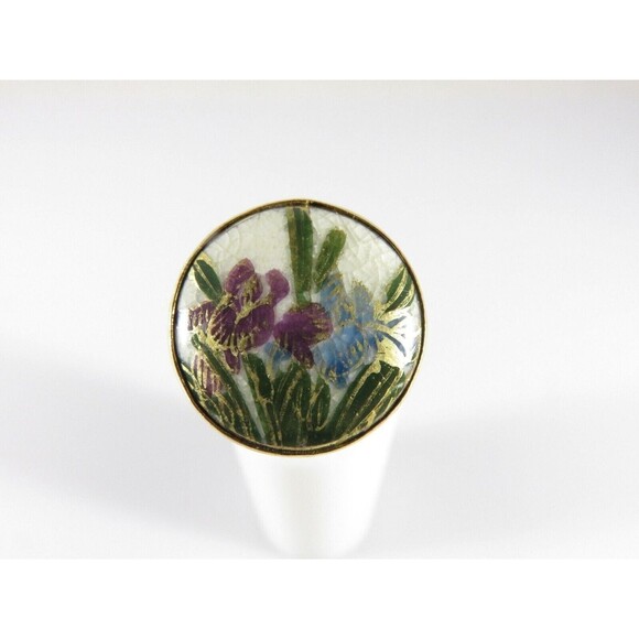 Antique Style Japanese Satsuma Iris Flower Ring Gilt Sterling Size 6.5 - Picture 6 of 9